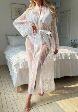 Sheer Lace Long Robe with G-string