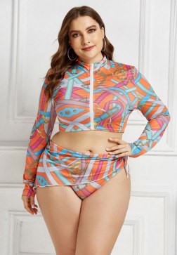 Front Zipper Print Three Pieces Tankinis