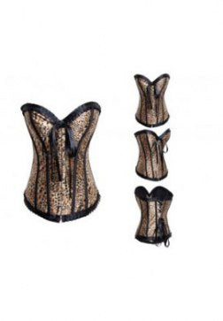 Satin Leopard Print Lace Trim Overbust Corset