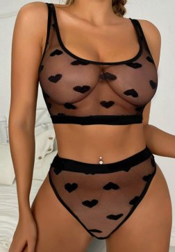 Charming Heart Print Sheer Bra and Panty Set