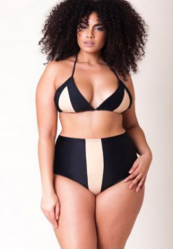 Plus Size Contrast Stripe Slide Triangle High Waist Bikini Swimsuit