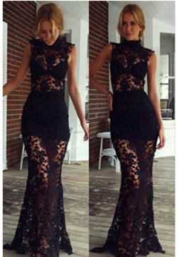 Fabulous Black Sleeveless Lace Mesh Crew Neck Floral Lace Skinny Maxi Dresses