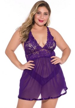 Plus Size Evening Romance Lace and Mesh Babydoll Set