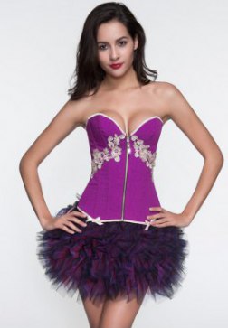 Classical Purple Embroidery Flower Zipper Overbust Corset