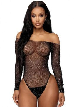 Long Sleeve Fishnet Off-the-shoulder Sparkle Bodysuit