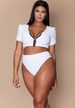 Plus Size Mesh Sleeved High Waist High Leg Crop Bikini Swimsuit
