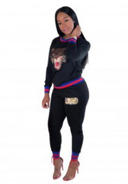 Women's Outfits Long Sleeve Sequin Tiger Print Top + High Waist Bodycon Long Pants