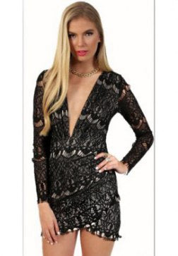 Enchanting Long Sleeve Lace V Neck Clubwear Mini Dress