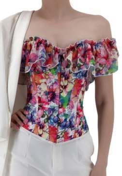 Women's Overbust Boned Floral Print Ruffled Puff Sleeves Vintage Corset