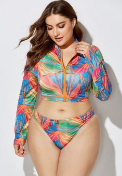 Front Zipper Print Three Pieces Tankinis