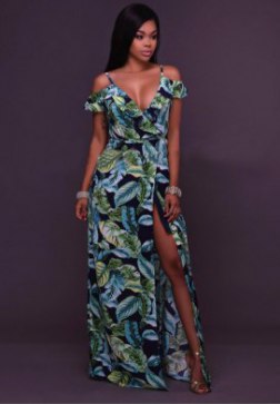 Leaf Print Ruffle Maxi Dress