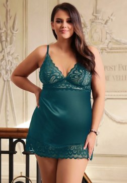 Plus Size Green Lace Floral Back Closure with Hook and Eye Sexy Babydoll