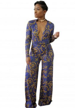 Women's Fashion Deep V-neck Print Long Sleeves Jumpsuit