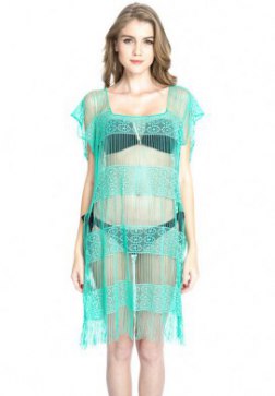 Green Fringe Crochet Detail Beach Dress