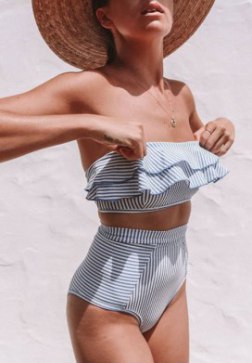 High Waisted Striped Ruffle Bandeau Bikini Swimsuit