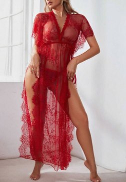 Eyelash Lace Long Kaftan Robe Set