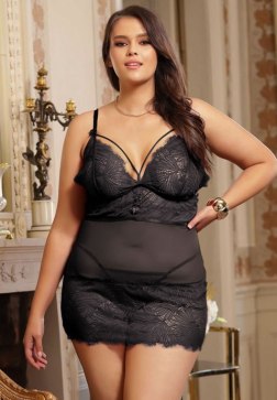Plus Size Sexy Lace Tight Adjustable Shoulder Straps Black Babydoll