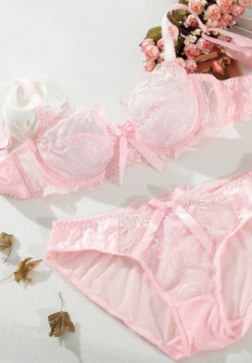 Pink Color Underwire Embroidery Lace Unlined Bra Set