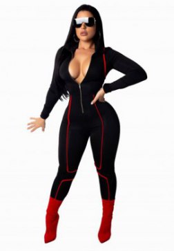 Women's Sexy V Neck Long Sleeve Party Clubwear Zipper Jumpsuit