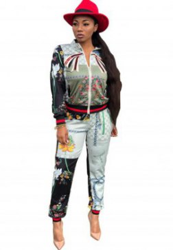 Women's Digital Printing Long Sleeve Zip Up Jacket and Bodycon Long Pants Set