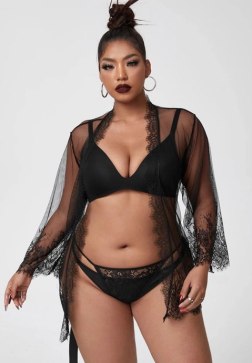 Plus Size Eyelash Lace Robe and G-String