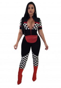 Women's Short Sleeve Zipper Grid Mock Neck Bodycon Jumpsuit Rompers