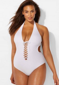 Plus Size Lace Up Halter Low Back Monokini One Piece Swimsuit