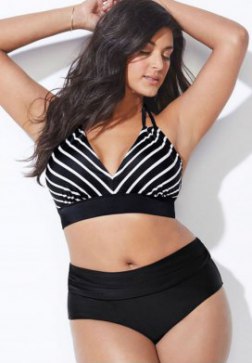 Plus Size Striped V Neck Halter High Waisted Bikini Swimsuit