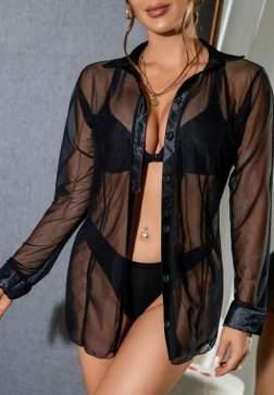 Women's Sheer Mesh Long Sleeve Button Shirts Ladies Casual See Through Blouses Lingerie Tops Sexy Sleep Tshirt