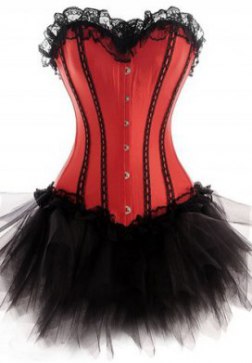 One Set-Red Contrasting Lines Satin Lace Corset Bustier with Tutu Skirt