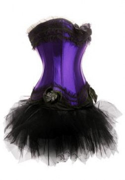 One Set-Ruffle Trimmed Long Line Satin Corset Bustier with Lacy Tutu Skirt in White Red Pink Black