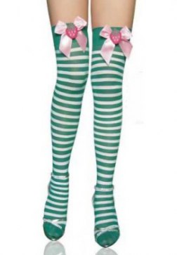 Stripe Thigh Highs with Plush Strawberry Satin Bow Top